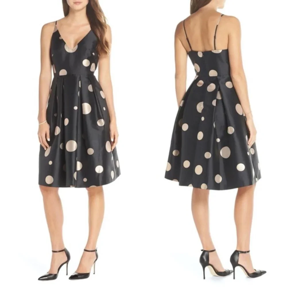 1901 Black Gold Polka Dot Fit & Flare Party Dress - Picture 1 of 6